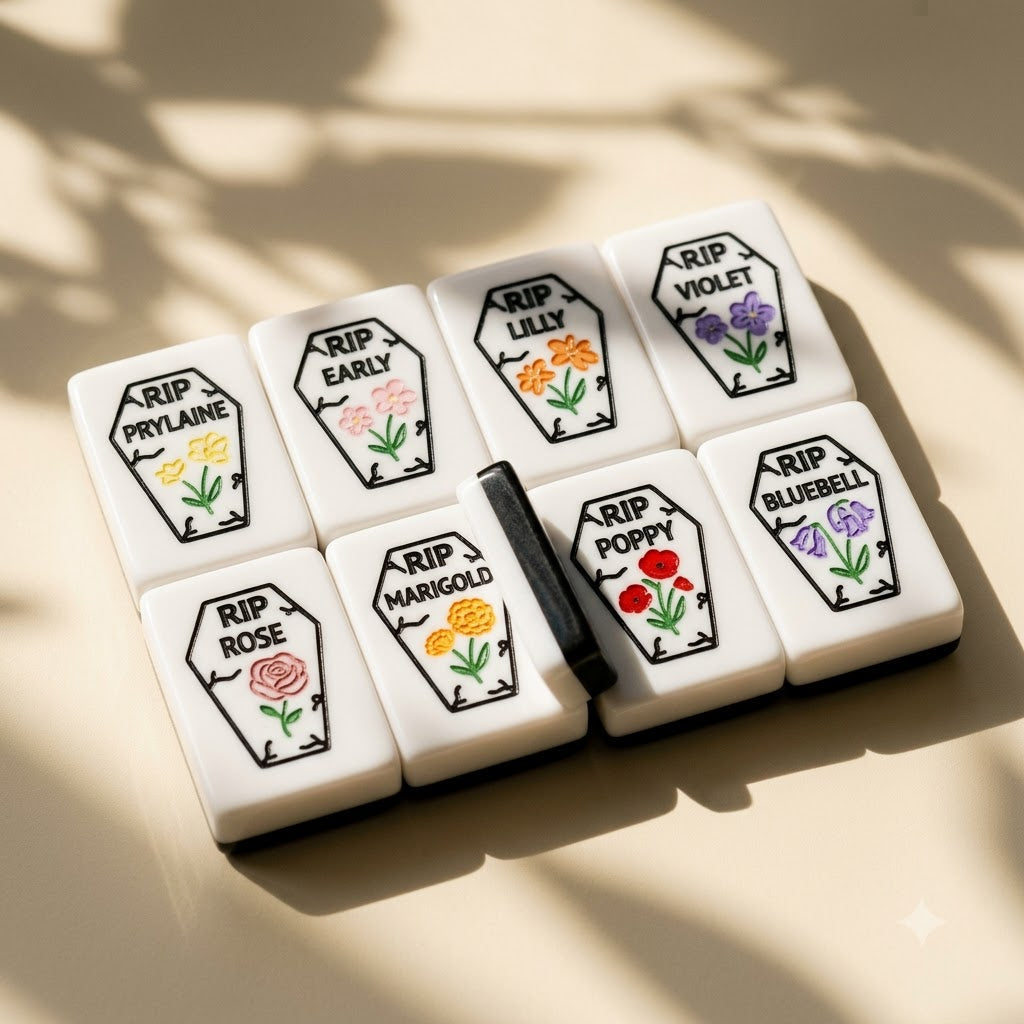 The eight coffin flower tiles, each named for a different flower