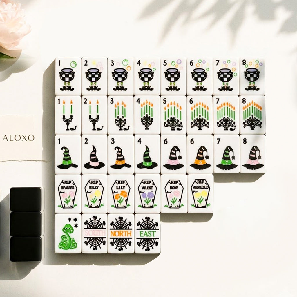 Ghostly Garden Mahjong Set — 160 line-drawn Halloween tiles laid out in a grid