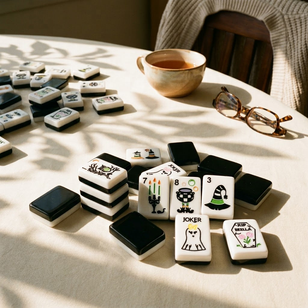 End of a game — tiles left on the table with reading glasses and a cup of tea