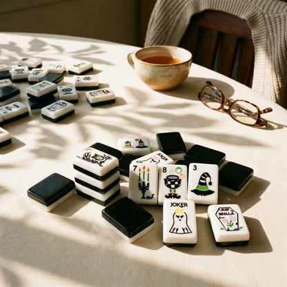 End of a game — tiles left on the table with reading glasses and a cup of tea