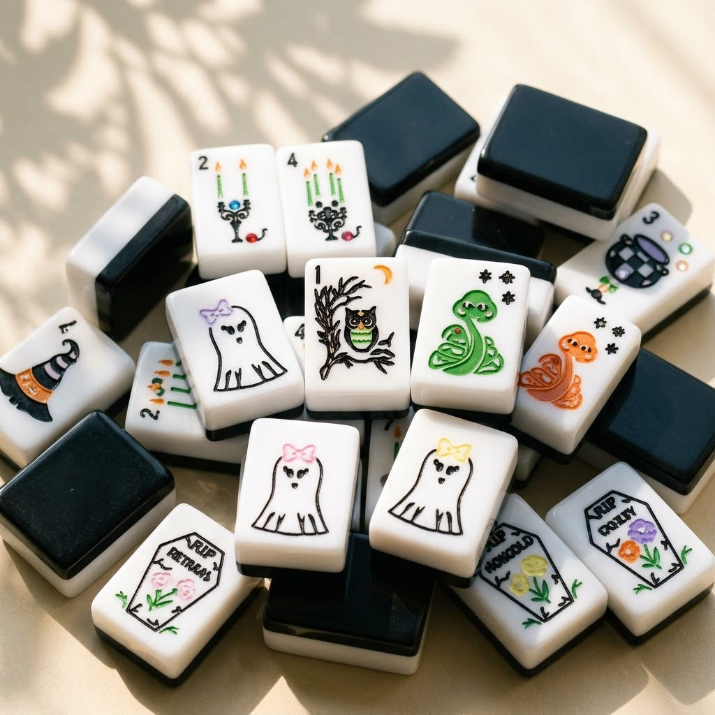 Close-up pile of Halloween mahjong tiles showing white faces and glossy black backs