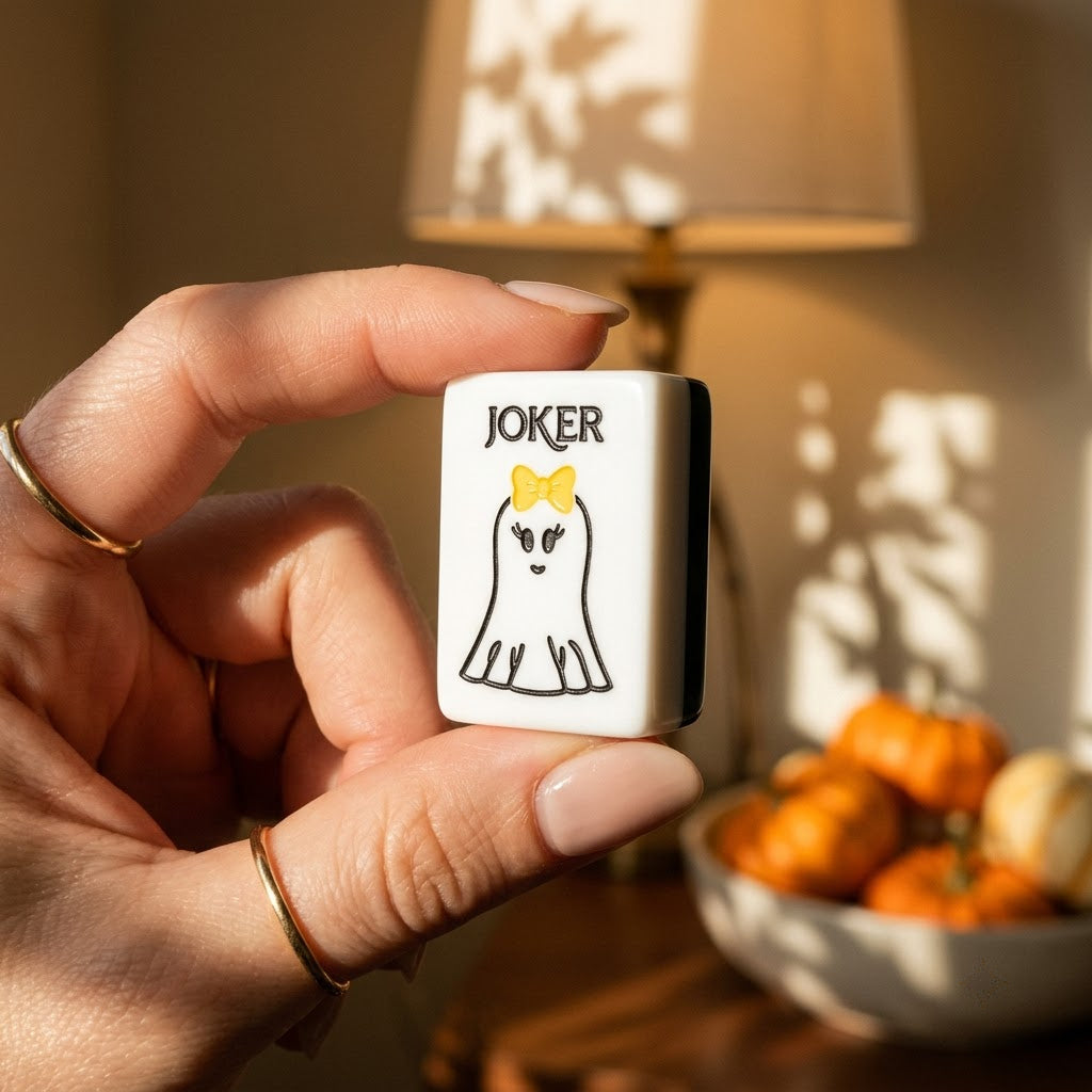 A ghost Joker tile held in a woman's hand