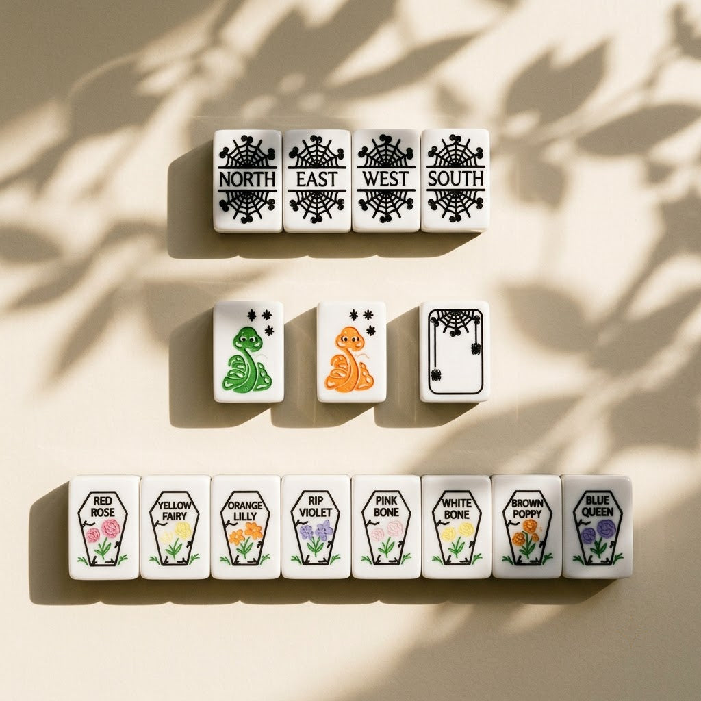 Wind tiles on spider webs, snake dragon tiles and the coffin flower row