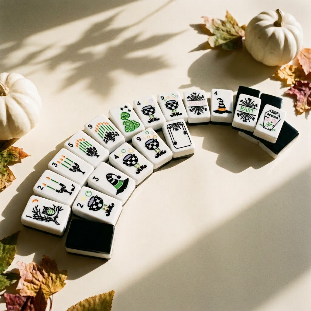Halloween mahjong tiles fanned in an arc among dried autumn leaves