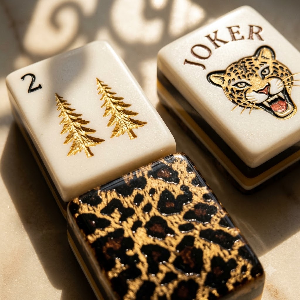 Macro of two tile faces beside a leopard-printed back