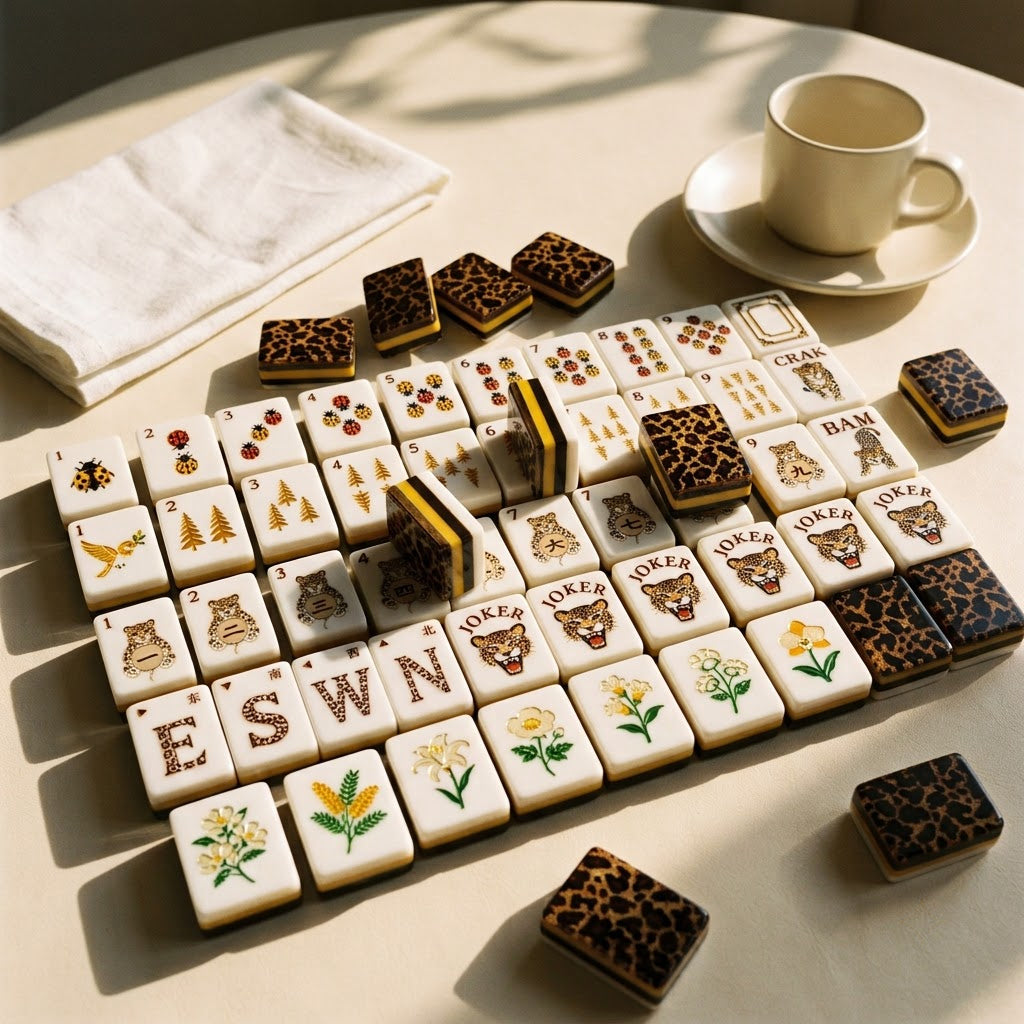 Tiles spread across an ivory table beside a cup of tea