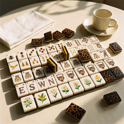 Tiles spread across an ivory table beside a cup of tea
