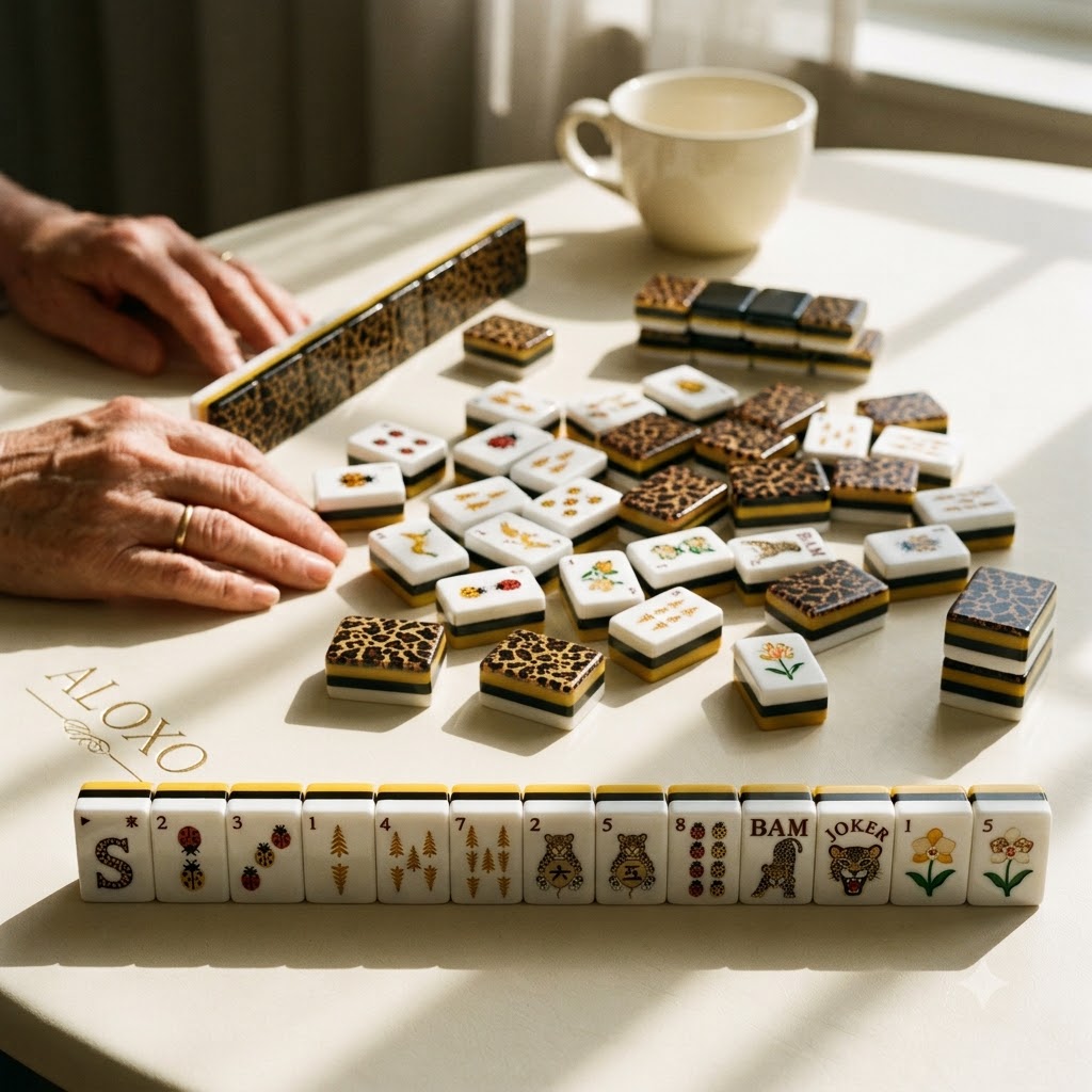 An American Mahjong game in progress, tiles standing in a row