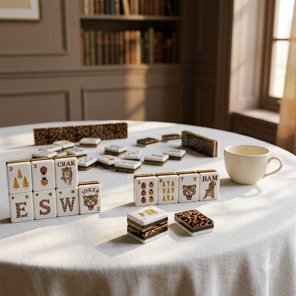 Tiles laid out on a round table in a warm sitting room