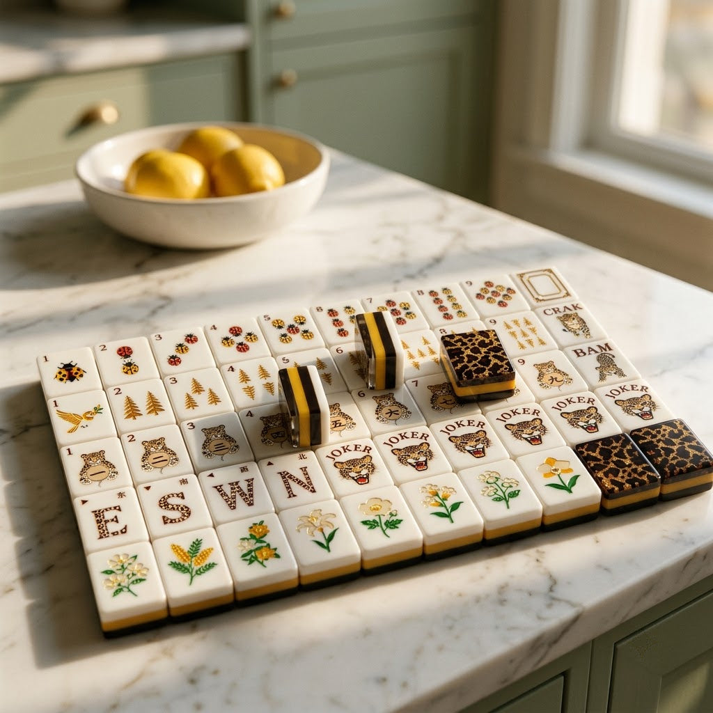 Tiles spread on a white marble kitchen island