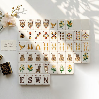 Gold Leopard Mahjong Set — 160 tiles laid out in a grid