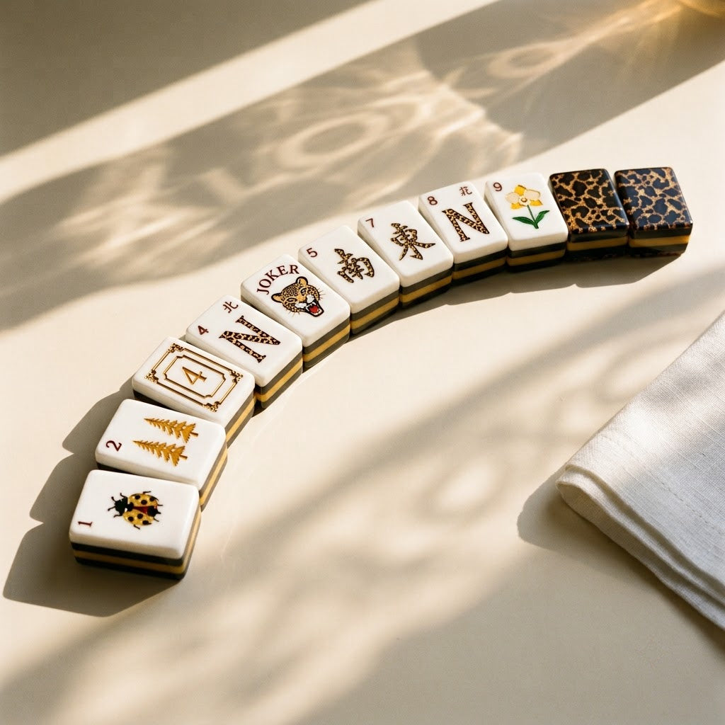 Mahjong tiles fanned in an arc with the layered edges visible