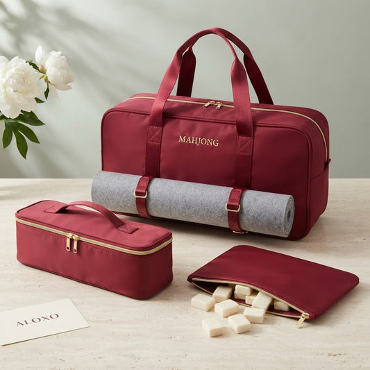 Red mahjong duffel set with gold MAHJONG embroidery, tile pouch, rack pouch and rolled mat