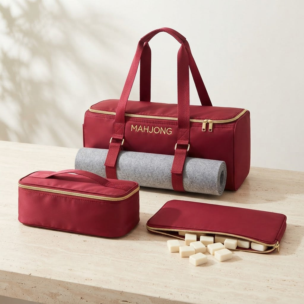 Three-piece red mahjong duffel set with gold-tone zips
