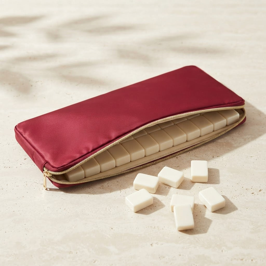 Red zip tile pouch with mahjong tiles