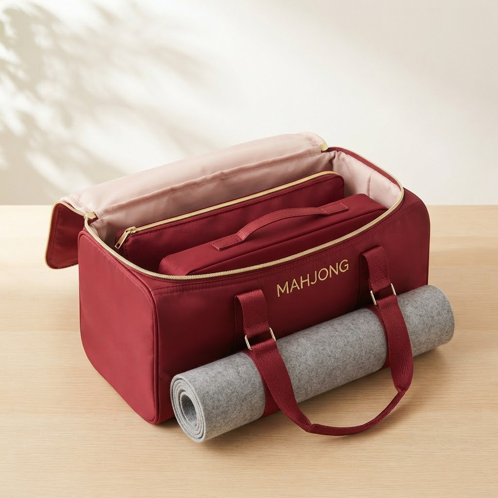 Open red duffel with the tile pouch and rack pouch inside