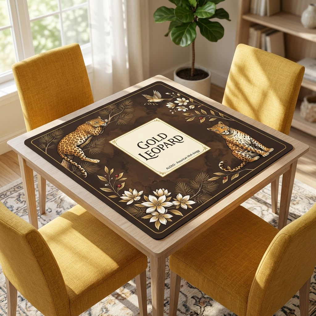 Golden Leopard Grove mahjong mat on a card table with four chairs in a living room