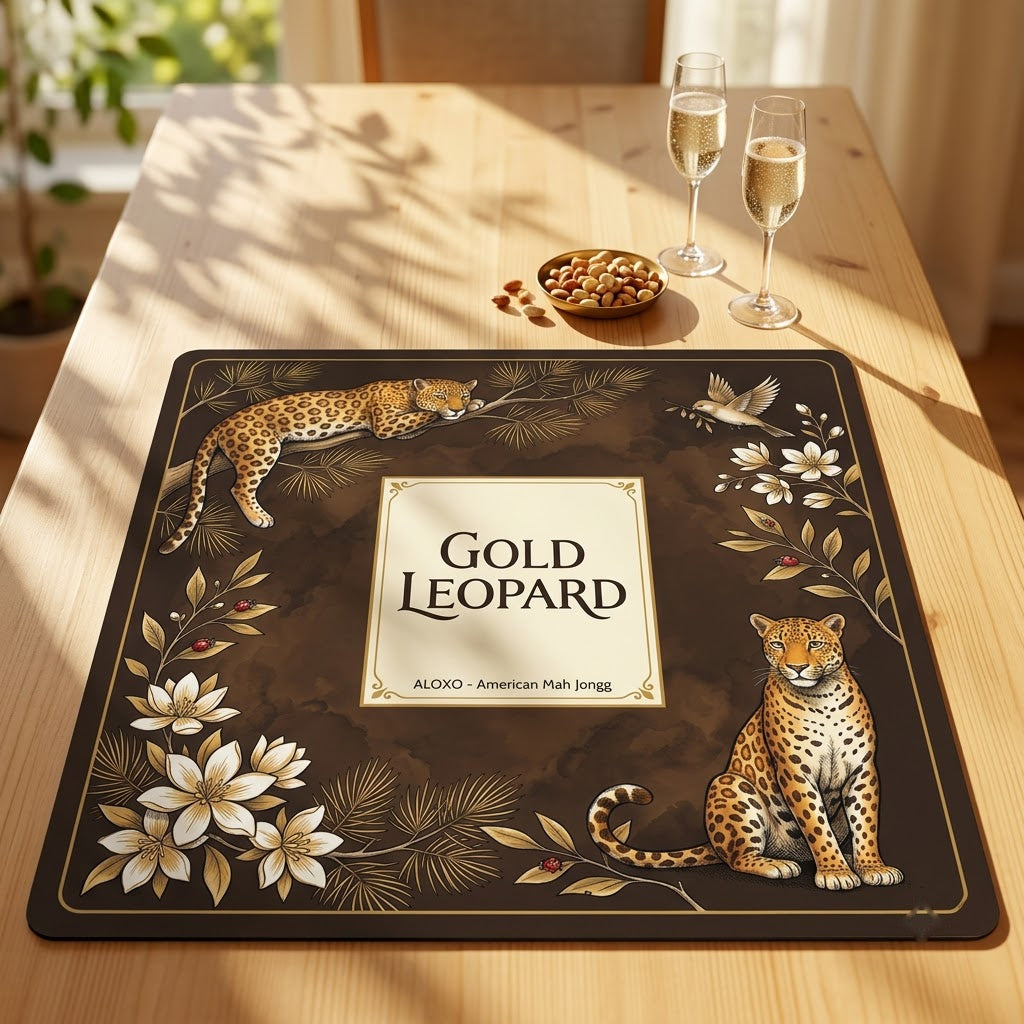 Golden Leopard Grove mahjong mat on a dining table with drinks and snacks set beside it