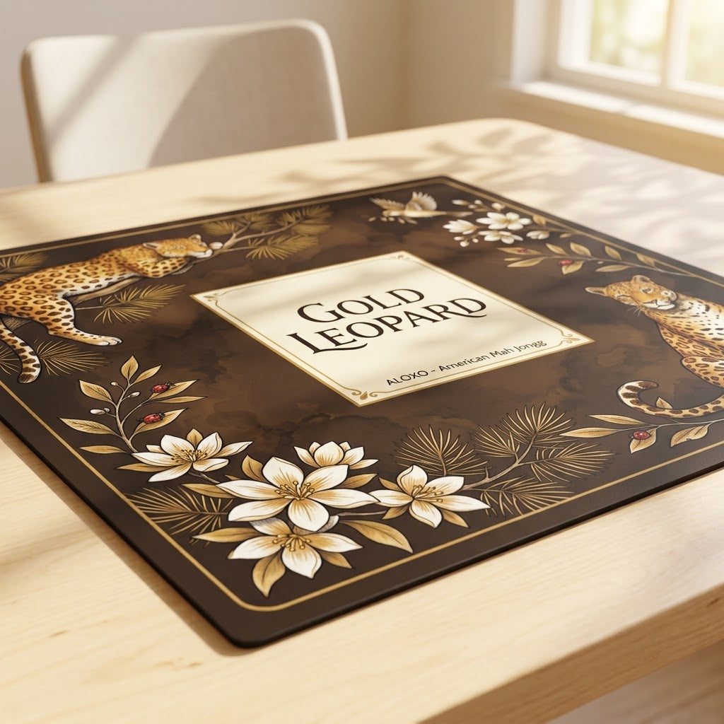 Low-angle view of the Golden Leopard Grove mahjong mat lying flat on a table