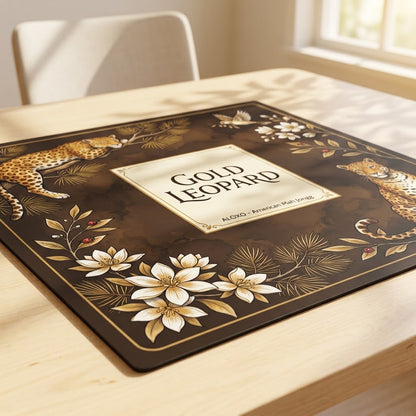 Low-angle view of the Golden Leopard Grove mahjong mat lying flat on a table
