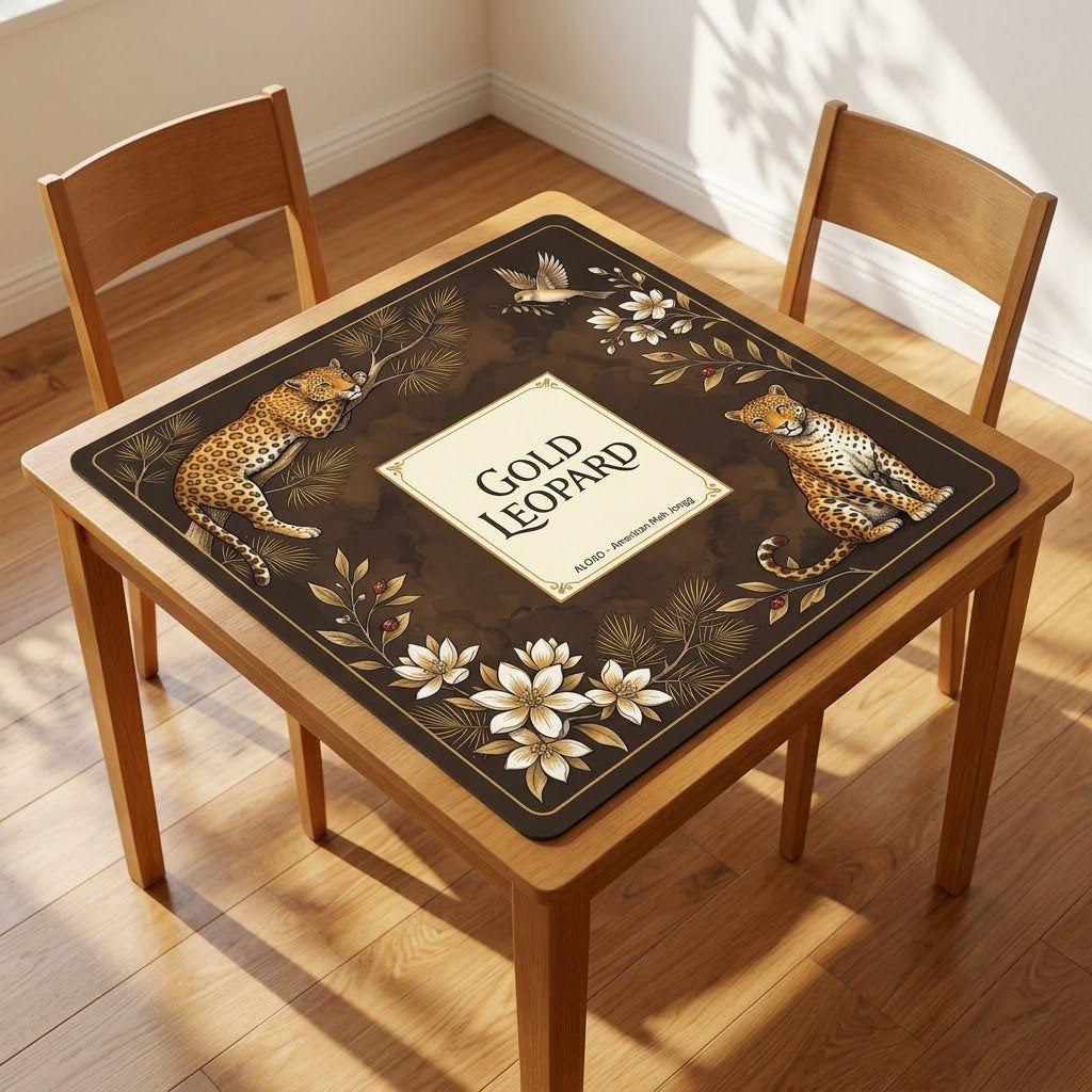 Golden Leopard Grove mahjong mat covering a square card table, angled view