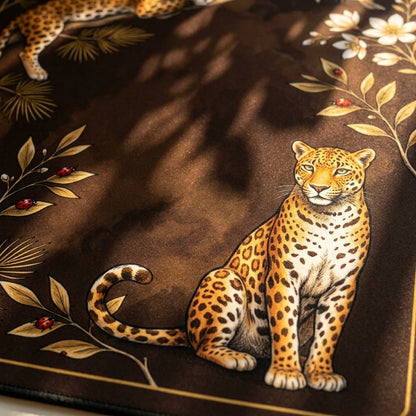 Close-up of the printed artwork on the Golden Leopard Grove mahjong mat