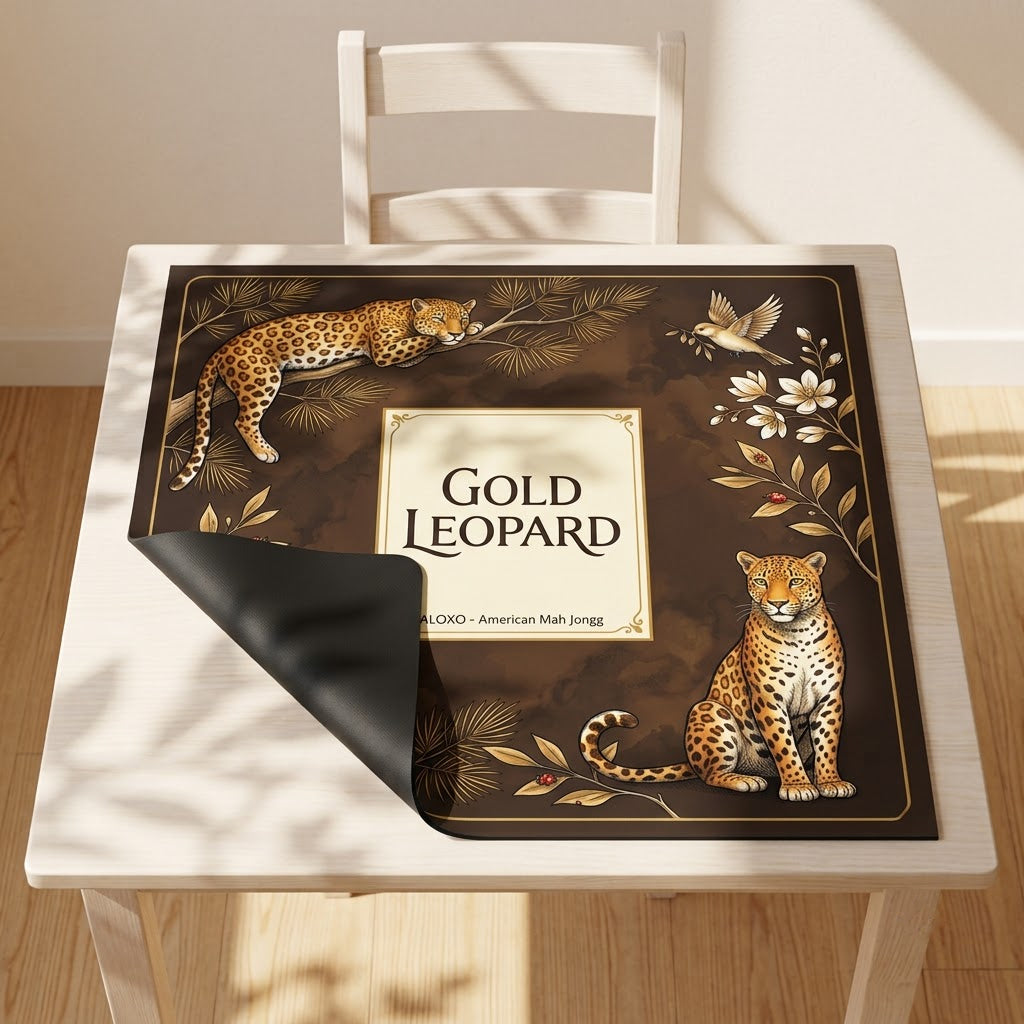 Golden Leopard Grove mahjong mat with one corner folded back to show the black rubber underside