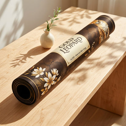 Golden Leopard Grove mahjong mat rolled up on a console table