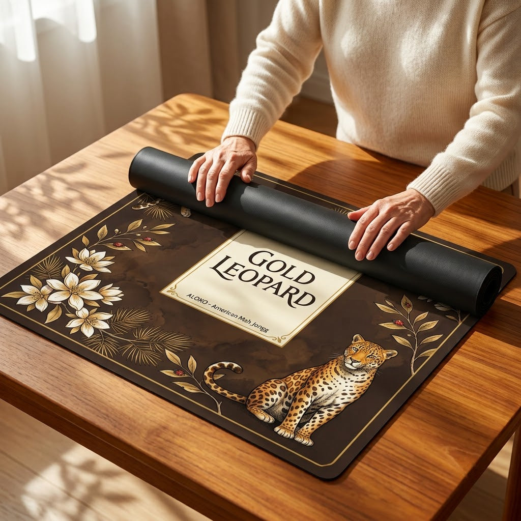 Woman unrolling the Golden Leopard Grove mahjong mat across a card table