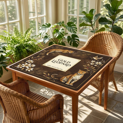 Golden Leopard Grove mahjong mat on a card table in a sunroom with wicker chairs