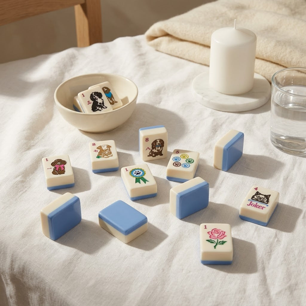 Tiles scattered on white linen