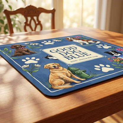 Low-angle view of the Good Dog Park mahjong mat lying flat on a table