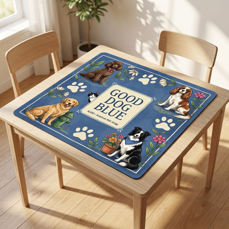 Good Dog Park mahjong mat covering a square card table, angled view