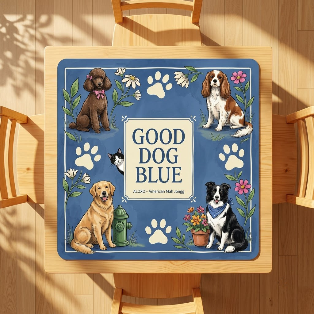 Good Dog Park mahjong mat on a square card table with four chairs, seen from above