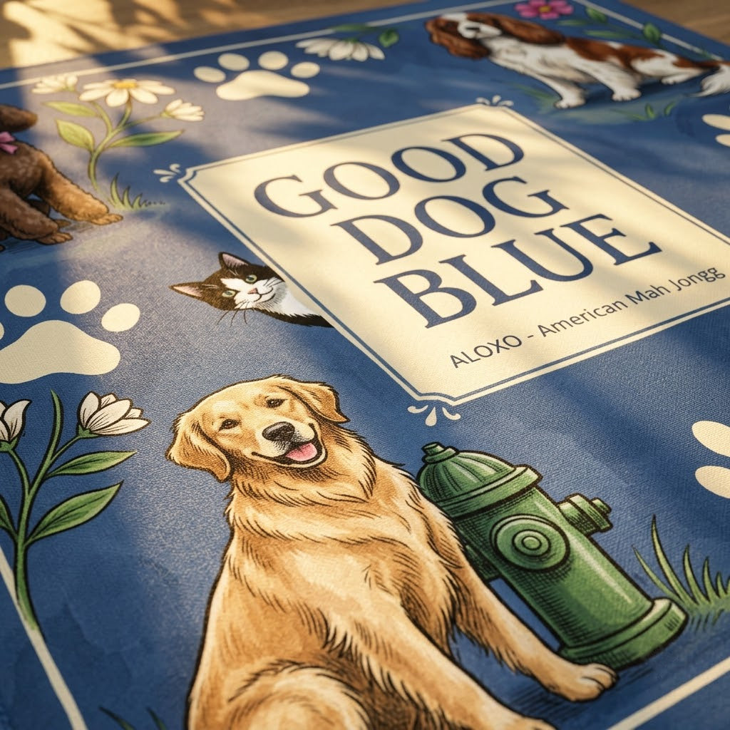 Close-up of the printed artwork on the Good Dog Park mahjong mat