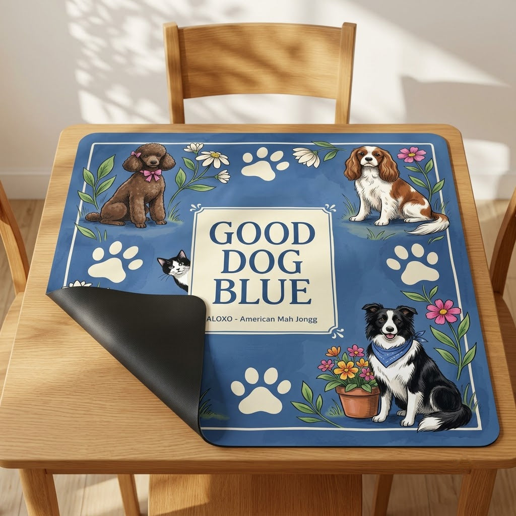 Good Dog Park mahjong mat with one corner folded back to show the black rubber underside