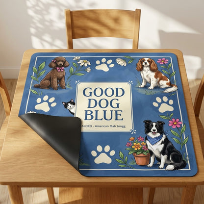 Good Dog Park mahjong mat with one corner folded back to show the black rubber underside
