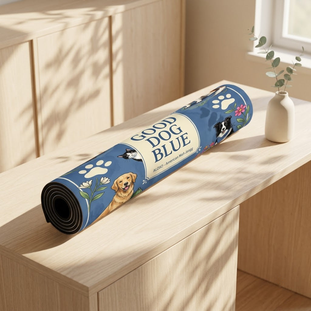 Good Dog Park mahjong mat rolled up on a console table