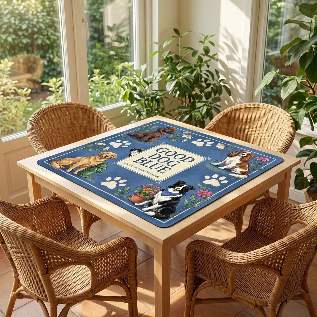 Good Dog Park mahjong mat on a card table in a sunroom with wicker chairs