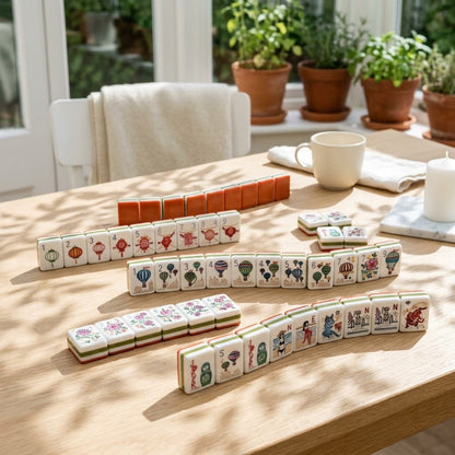 Tiles on a pale oak table in a bright sunroom, dappled leaf shadow falling across them