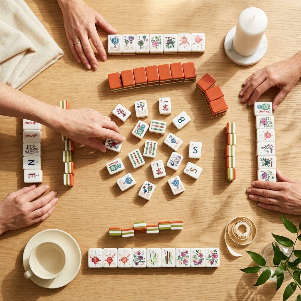 A game in progress seen from above, four players' hands reaching in from the edges of the table