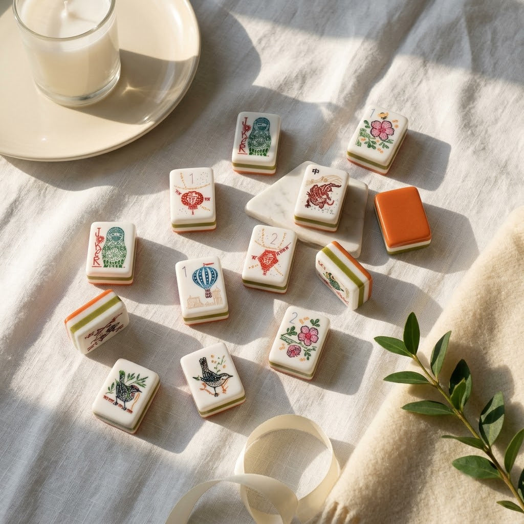 Grand Tour tiles scattered across rumpled white linen in low afternoon sun