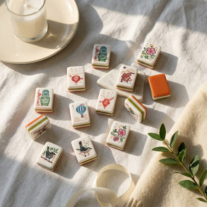Grand Tour tiles scattered across rumpled white linen in low afternoon sun