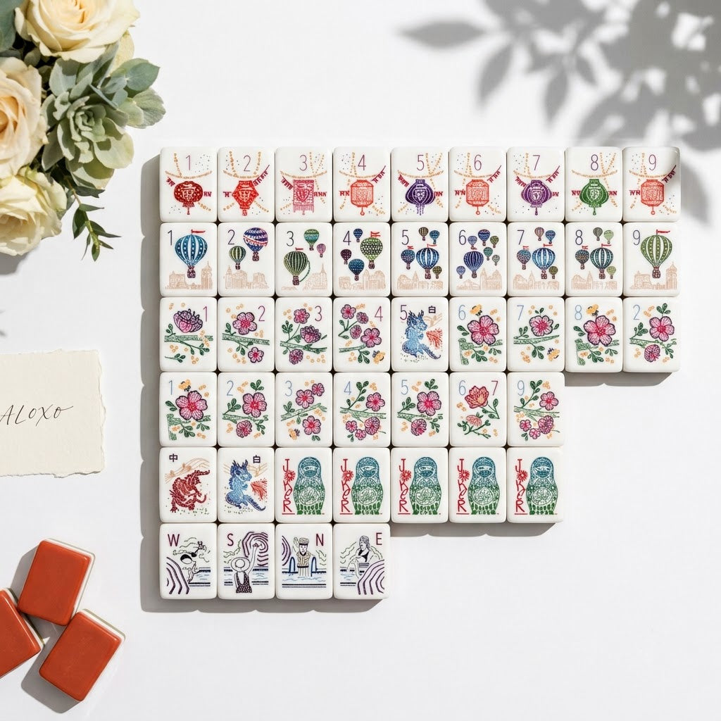The full Grand Tour set laid out in a stepped block of six rows on bright white, with terracotta-backed tiles stacked at the edge