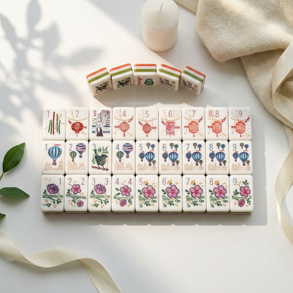 All three numbered suits laid out one to nine — hot-air balloons, bamboo and paper lanterns, row by row