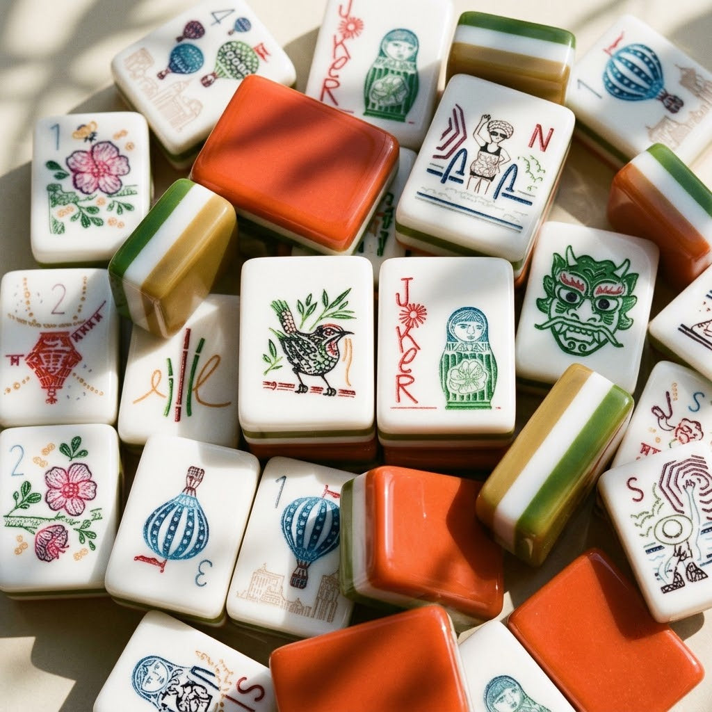 A loose pile of Grand Tour tiles shown close up, faces, edges and terracotta backs all visible at once