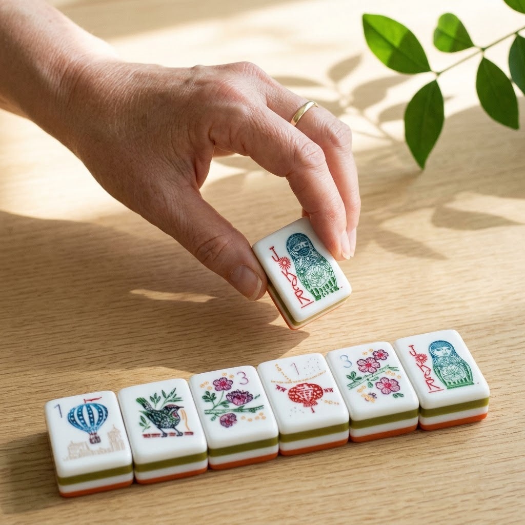 A hand setting a Grand Tour tile down onto the table beside a run of tiles already laid out