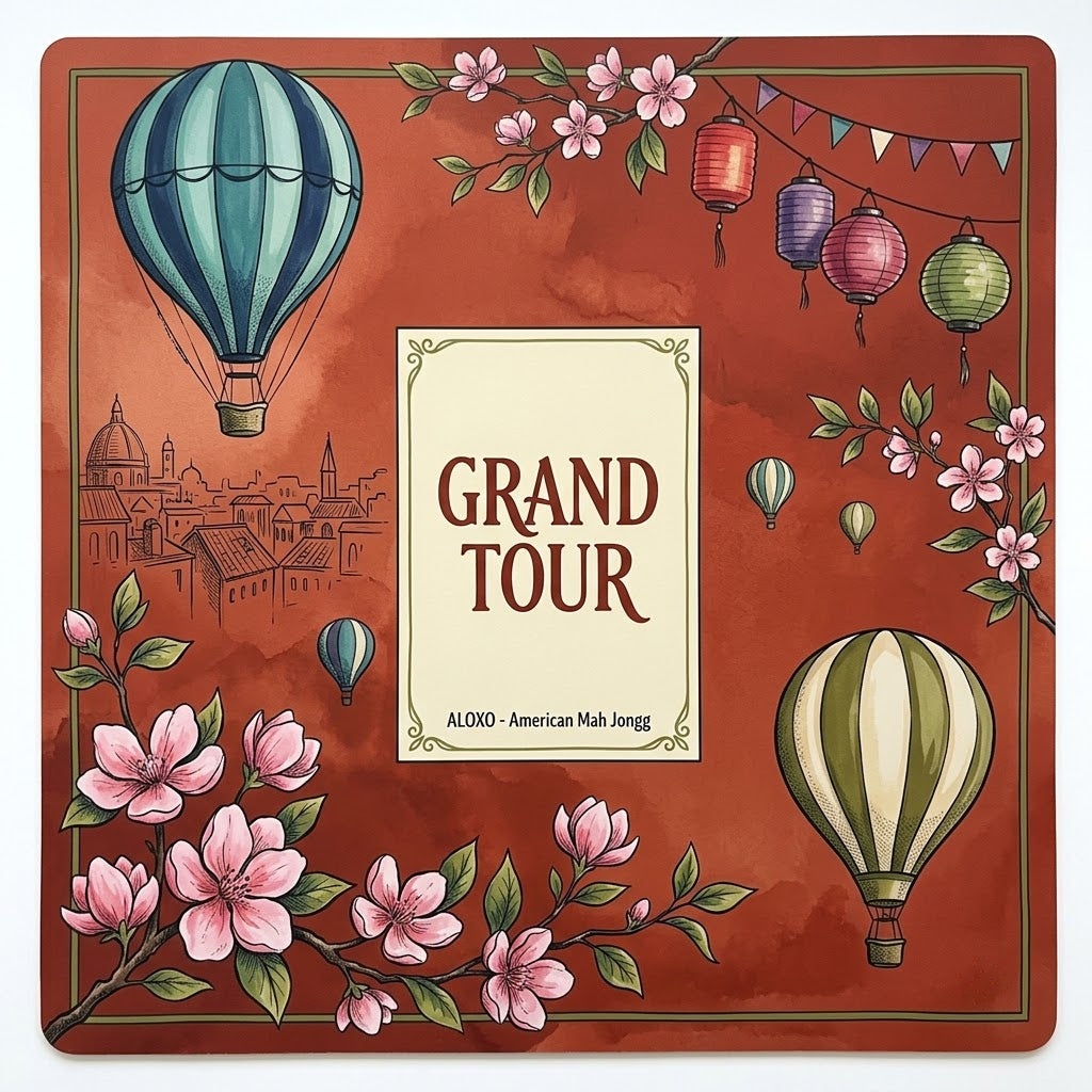 Grand Tour Balloon mahjong mat, full printed artwork seen from above