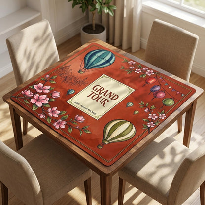 Grand Tour Balloon mahjong mat on a card table with four chairs in a living room