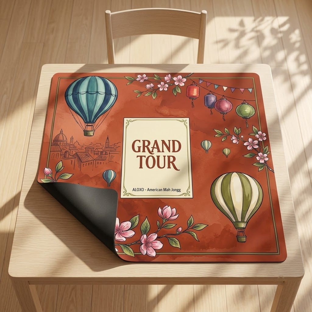Grand Tour Balloon mahjong mat with one corner folded back to show the black rubber underside
